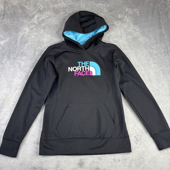 The North Face Hoodie Womens Small Black Blue Logo Pullover Fleece Sweatshirt - Picture 1 of 8